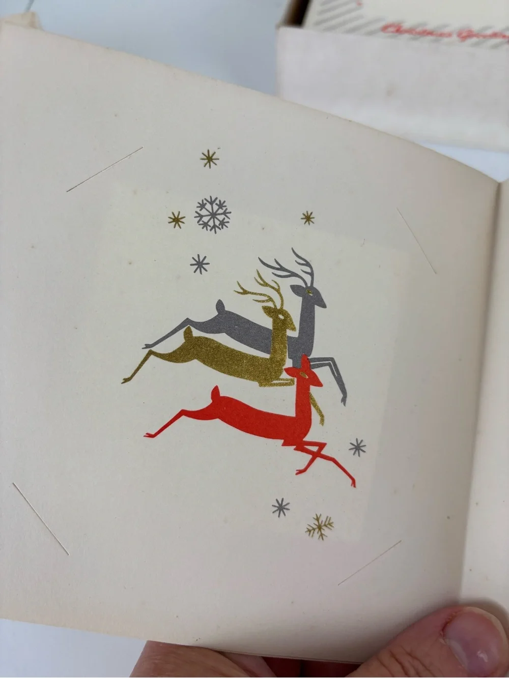 VTG-Renaissance Christmas Photo Cards - Red & Gray MCM Reindeer-Box of 25